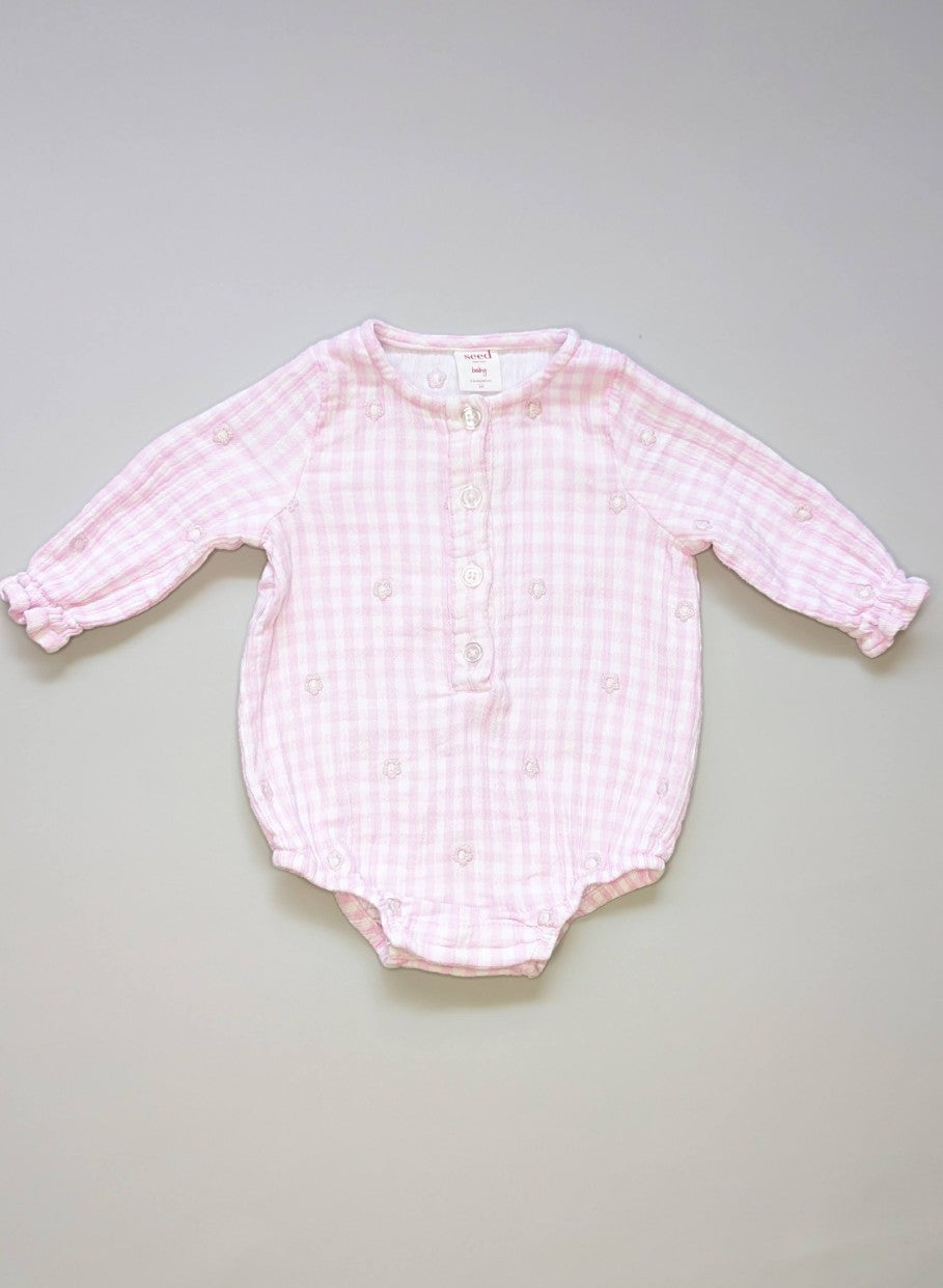 Seed Baby Gingham Emboirdered Flowers Romper 3-6m - Anue